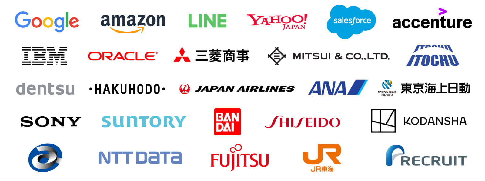 Google、Amazon、LINE、yahoo、Salesforce、accenture、P&G、日本IBM、日本オラクル、三菱商事、三井物産、伊藤忠商事、電通、博報堂、JAL、ANA、東京海上日動火災保険、SONY、サントリー、バンダイ、資生堂、講談社、エイベックス、NTTデータ、富士通、JR東海、リクルート